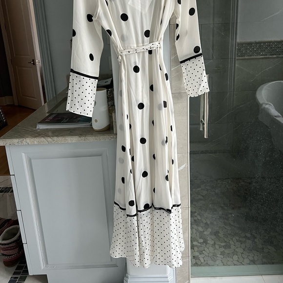 WE ARE LEONE Belted Polka-dot Silk Crepe De Chine Robe In White - Picture 11 of 14
